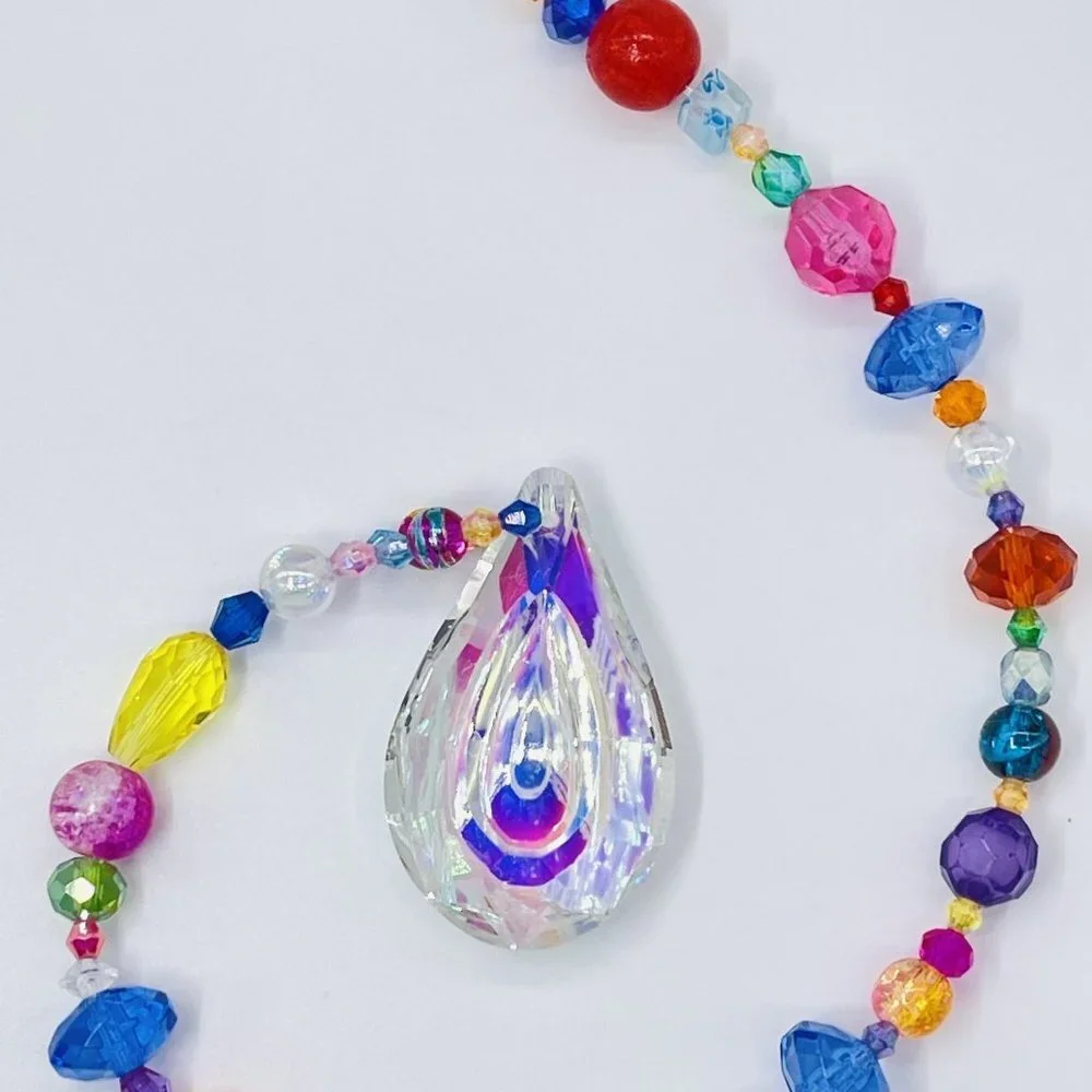 Beaded Suncatcher -  Multicolored - Clear Crystal Prism - Hanging Decor